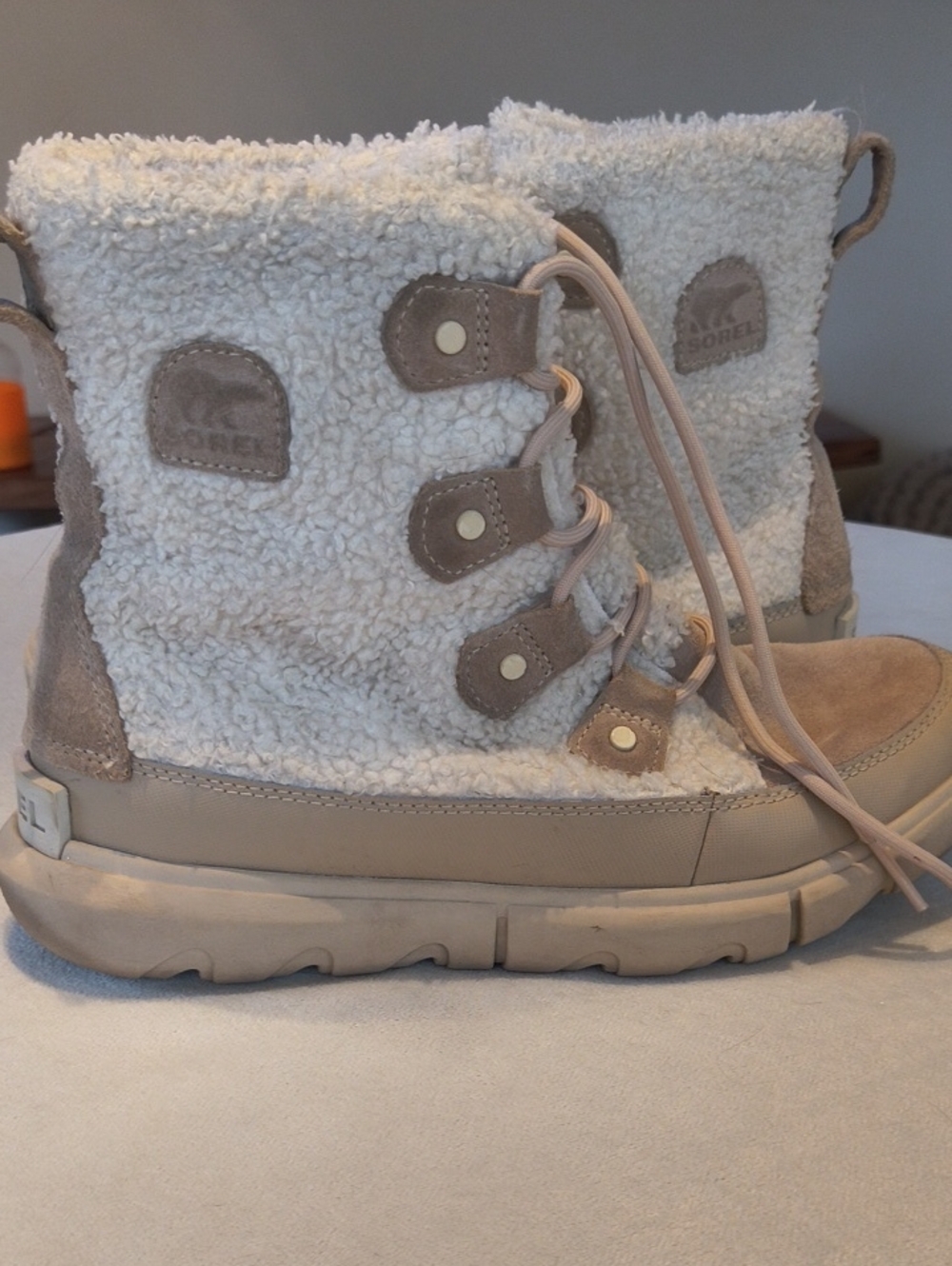 Sorel Cozy Sherpa Lace-Up Boots in Cream and Tan